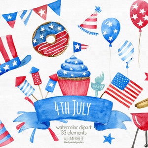 4th july clipart, independence day clipart ,watercolor, fourth of july, American celebration, flag, balloon, party, Patriotic, USA clipart imagem 1