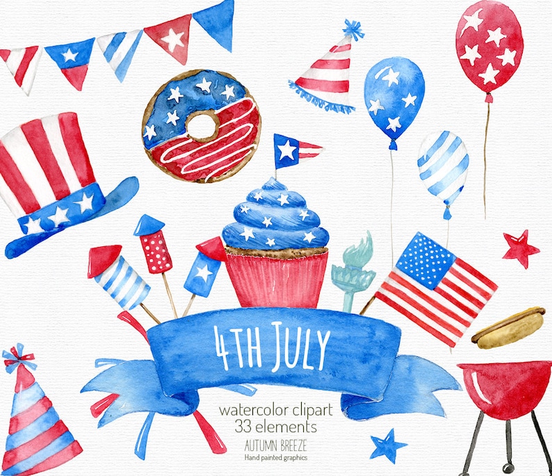 4th july clipart, independence day clipart ,watercolor, fourth of july, American celebration, flag, balloon, party, Patriotic, USA clipart imagem 1