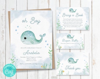 Whale Baby Shower Invitation , Nautical Baby Shower, Ocean Baby Shower Invitation, Printable Invitation, Baby shower set, TEMPLATE, C05