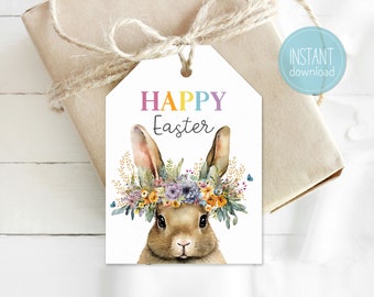 Happy Easter Gift Tags with Bunny and Flowers, Easter Tags for Easter Baskets and Gifts, INSTANT DONWLOAD