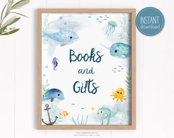 Books and Gifts Sign, Printable Sign, Under the Sea Party birthday Decoration, 8x10 sign PRINTABLE C10