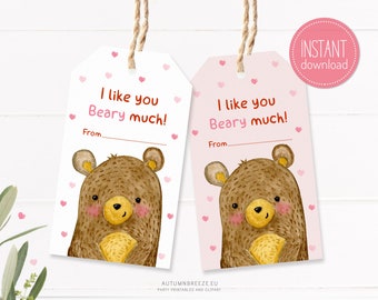 Valentines gift tags, Gift Tags for Valentine's Day, Cute Teddy Bear printable tags, Printable Tags, tag for treat bag, Instant download