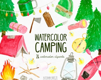 watercolor camping clipart, summer clipart, nature clipart, summer outdoors activities, Woods Clip Art, forest clipart, camping elements