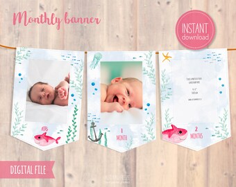 Monthly photo banner, First birthday banner, baby shark girl decor, Banner Birthday, party decor PRINTABLE C03