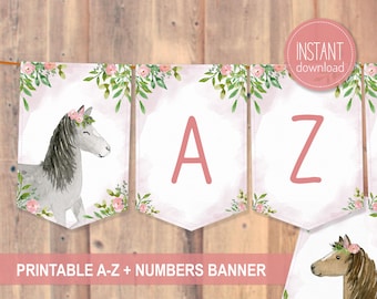 Horse Birthday Party Banner, A-Z Alphabet and Numbers, Birthday Banner, Girl birthday party, Pony Birthday Party, Saddle Up, PRINTABLE C12