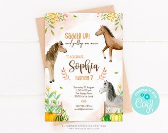 Invitación de cumpleaños de ponis, invitación de otoño, invitación de cumpleaños para niña, fiesta temática de caballos y otoño, PLANTILLA, C21