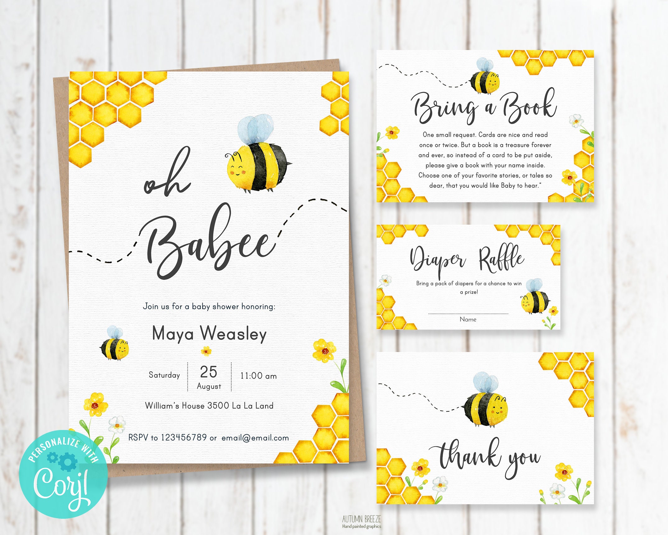Bee Baby Shower Invitation Printable Invitation Set Bumble | Etsy