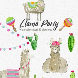 LLama party watercolor clipart. Set of 30 hand-painted illustrations.
