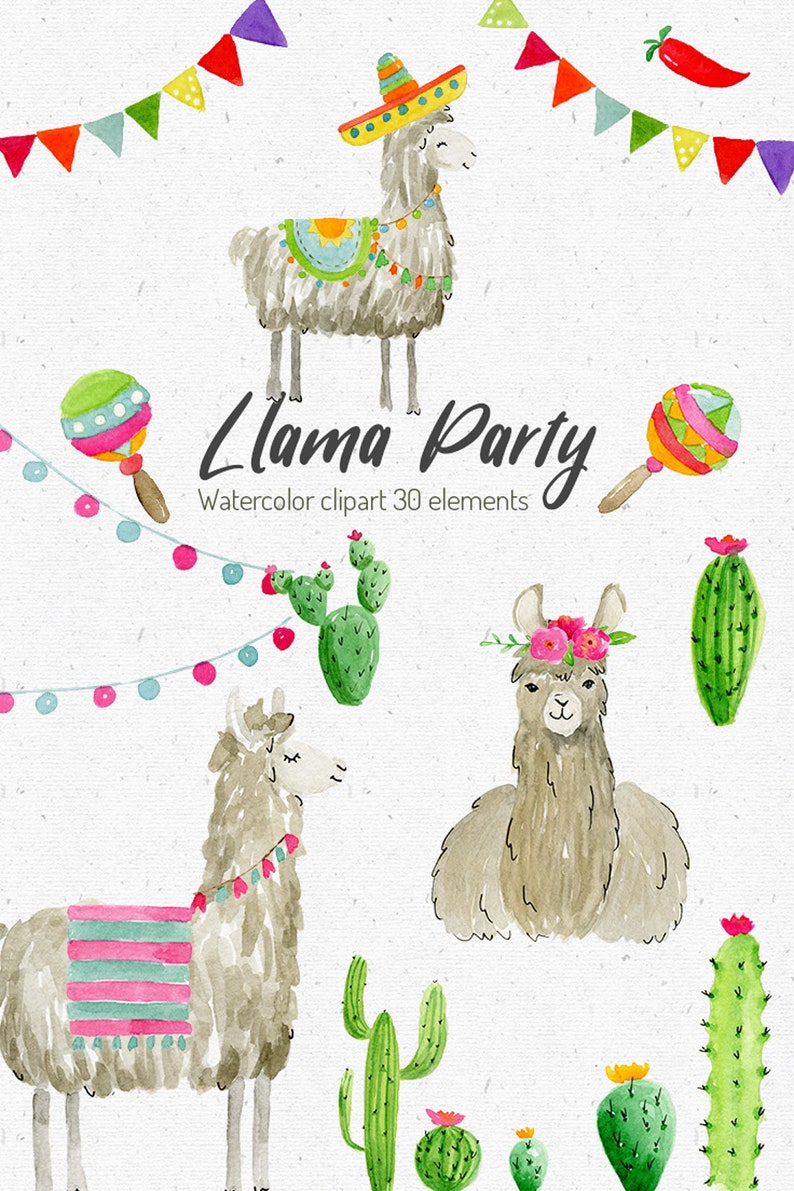 LLama party watercolor clipart. Set of 30 hand-painted illustrations.