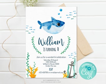 Invitación de primer cumpleaños de Baby Shark: Bajo el mar, plantilla editable (descarga digital)