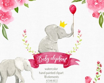 watercolor baby elephant clipart, watercolor clipart, watercolor elephant, baby girl, baby shower,  Kids Clipart, animal clipart