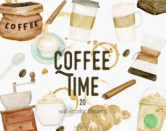 Imágenes prediseñadas de café en acuarela: Café, cruasán, granos de café (descarga digital PNG)