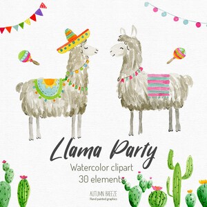 LLama party watercolor clipart. Set of 30 hand-painted illustrations.