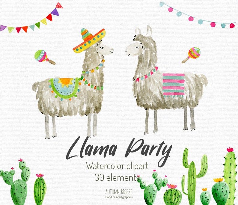 LLama party watercolor clipart. Set of 30 hand-painted illustrations.