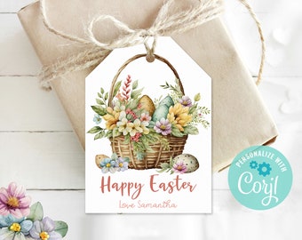 Etiqueta editable para cesta de Pascua: Etiqueta de regalo floral de primavera (Descarga digital)