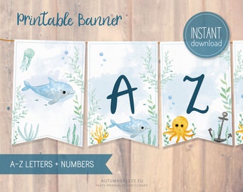 Alphabet Banner mit Unter dem Meer Motiv / Geburtstagsbanner mit allen Buchstaben / Unter dem Meer Dekor für Kid Birthday Party / PRINTABLE C10