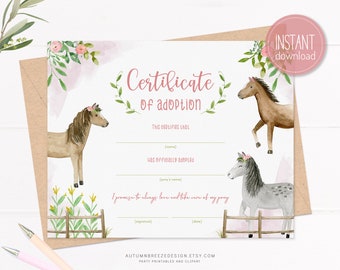 Certificado de adopción, Adopta un poni, Certificado imprimible, Fiesta de cumpleaños de caballos IMPRIMIBLE C12
