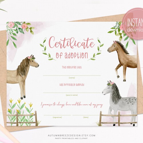Adoption Certificate Adopt a Pony Printable Certificate | Etsy