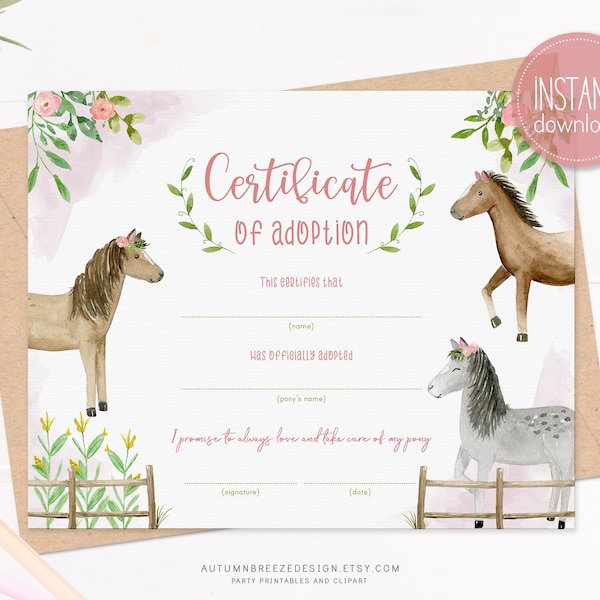 Adoption certificate, Adopt a Pony, Printable certificate, Horse Birthday Party PRINTABLE C12