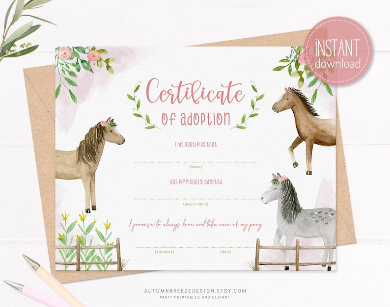 Adoption certificate, Adopt a Pony, Printable certificate, Horse Birthday Party PRINTABLE C12 image 1