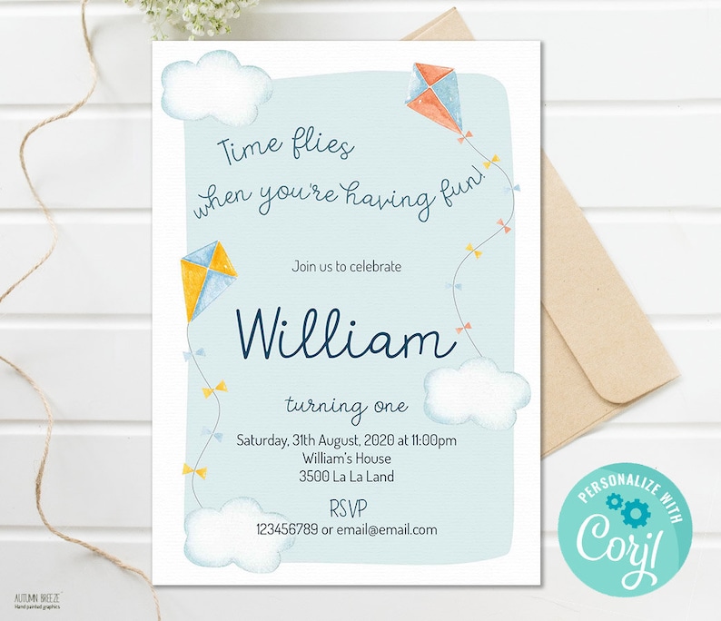 Editable birthday invitation template with watercolor kytes illustrations, perfect for an outdoor kids' birthday party theme.