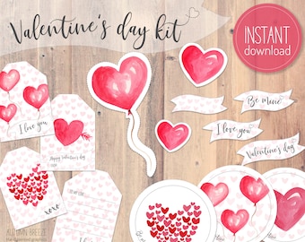 Valentines Tags, Valentines Day, Valentines Printable, Valentine Stickers, Valentines Gift, Watercolor Hear Clipart, Printable Tag