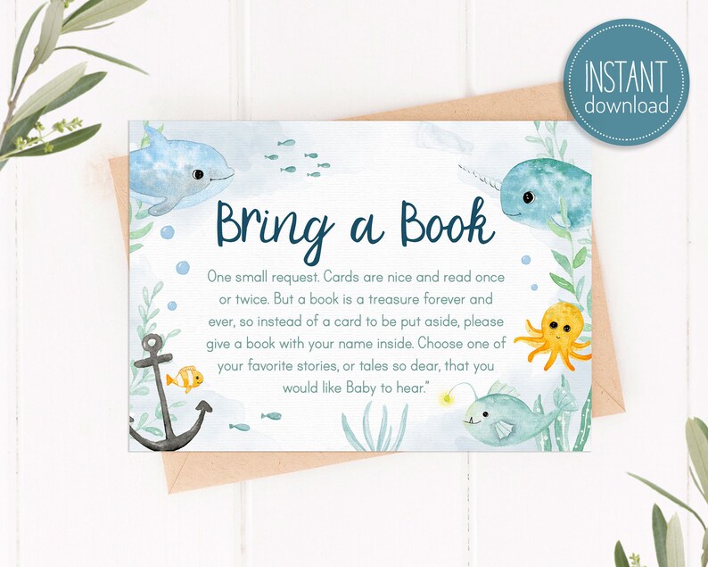 Book Request Card for Baby Shower, Under the Sea baby shower, Books for Baby, Baby Boy Shower, INSTANT DOWNLOAD C10 image 1