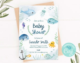 under the sea Baby Shower Invitation, Nautical Baby Shower, Ocean Baby Shower Invitation, Printable Invitation, Baby Boy Shower TEMPLATE C10