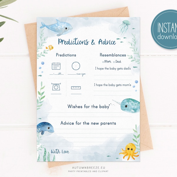 Baby Predictions and Advice Card - Baby shower games - Printable Party Games - Under the Sea - PRINTABLE C10