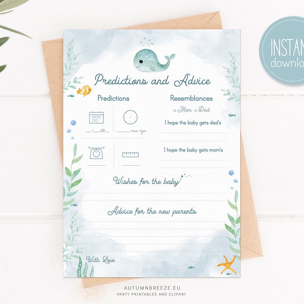 Baby Predictions and Advice Card - Baby shower games - Printable Party Games - Under the Sea - Baby Whale C05