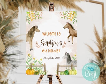 Cartel de bienvenida de cumpleaños con temática de caballos, temática otoñal, plantilla imprimible para fiestas de cumpleaños infantiles, para niño o niña, EDITABLE - C21