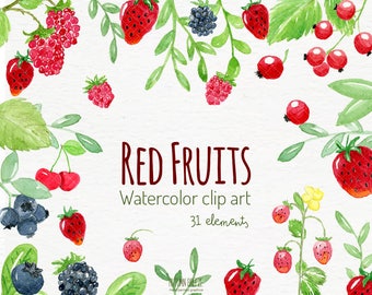 Imágenes prediseñadas de frutas en acuarela: Colección de bayas (descarga digital PNG)