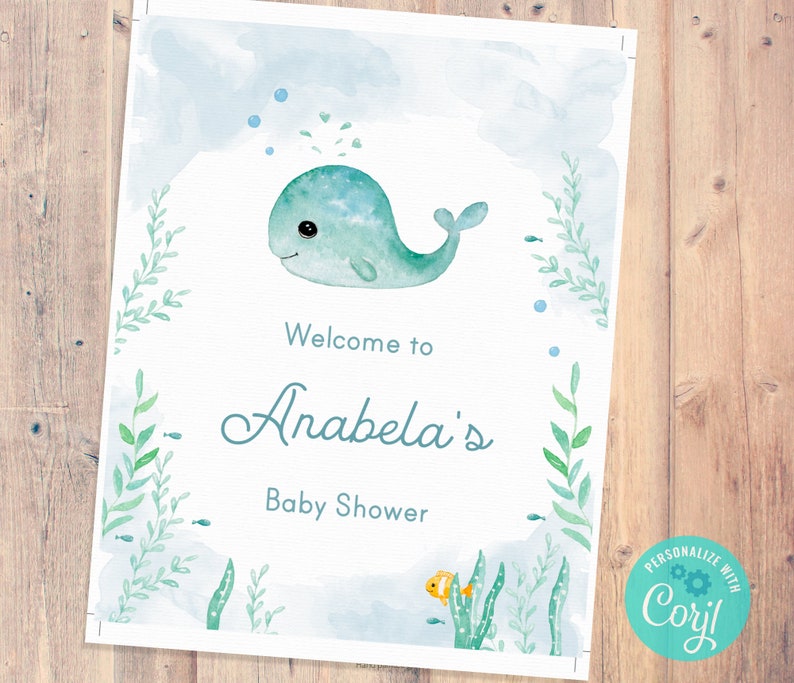 Welcome Sign Baby Shower Baby Whale Printable Sign TEMPLATE C05 image 4