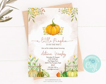 Plantilla de invitación para baby shower con temática de calabaza, baby shower de otoño, para niña o niño, invitación en acuarela, baby shower de calabaza, PLANTILLA C14