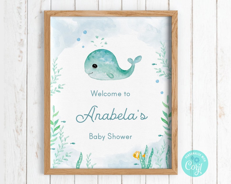 Welcome Sign Baby Shower Baby Whale Printable Sign TEMPLATE C05 image 3