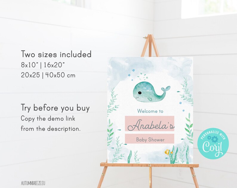 Welcome Sign Baby Shower Baby Whale Printable Sign TEMPLATE C05 image 2