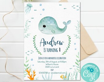 Invitación de primer cumpleaños con temática submarina: Plantilla editable (digital)