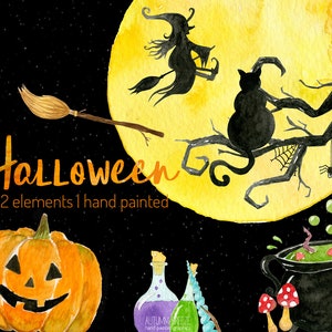 Watercolor halloween clipart, halloween graphics, watercolor clipart, pumpkin clipart, halloween party, cute halloween, black cat clipart