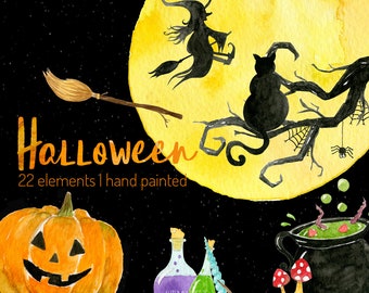 Watercolor halloween clipart, halloween graphics, watercolor clipart, pumpkin clipart, halloween party, cute halloween, black cat clipart