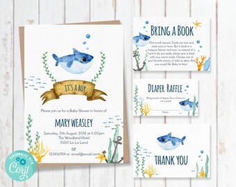 Baby Shark Baby Shower Printable Invitation - Baby Shower Invitation set - Party Invitation - Baby Boy Shower - Under the Water, C02