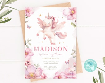 Invitación de cumpleaños de unicornio: temática de caballo con flores rosas (plantilla editable)
