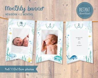 Monthly photo banner, Under the Sea Party, First birthday banner, Banner Birthday, Party Decor PRINTABLE C10