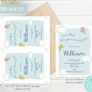 Editable birthday invitation template with watercolor kytes illustrations, perfect for an outdoor kids' birthday party theme.