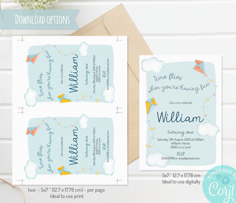 Editable birthday invitation template with watercolor kytes illustrations, perfect for an outdoor kids' birthday party theme.