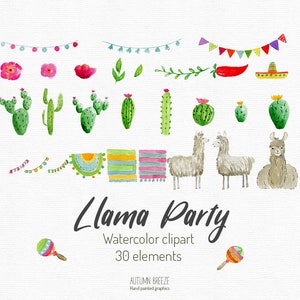 LLama party watercolor clipart. Set of 30 hand-painted illustrations.