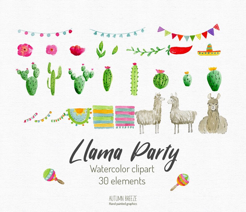 LLama party watercolor clipart. Set of 30 hand-painted illustrations.