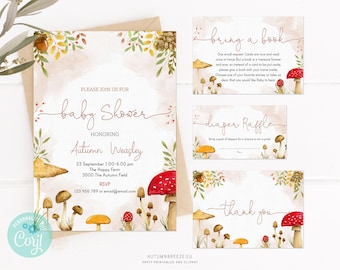 Paquete de invitaciones para baby shower con temática de otoño y setas (plantilla editable)