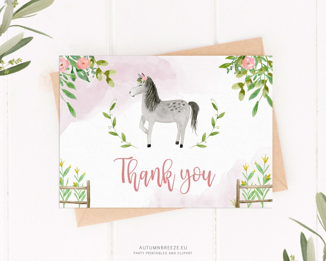 Printable Thank You Card With Horses, Pony Birthday Party Theme Instant ...