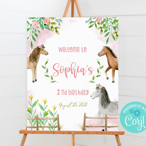 Welcome Sign, Birthday Party, Horse Theme Party, Girl  Birthday Party,   Printable Sign, TEMPLATE - C12