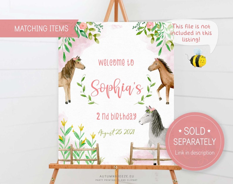 Printable Welcome sign with horses ilustrations for a girl birthday party